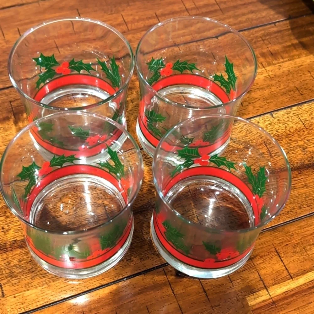 Set of 4 Vintage Libbey Ribbons and Holly Berry Low Ball Lowball Rock Glasses